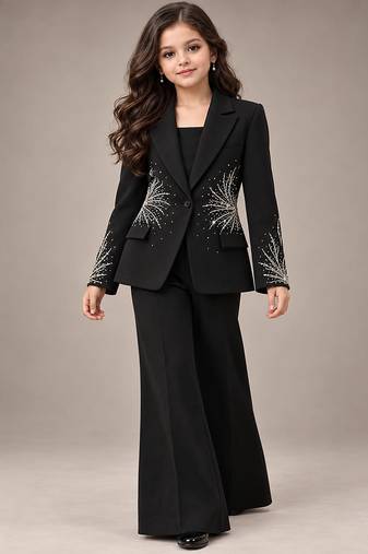 Black embroidered imported crepe coat and pant set