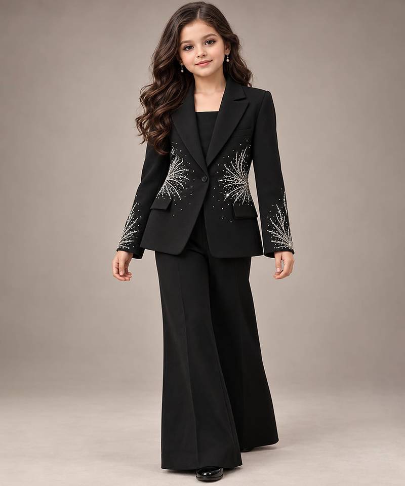 Black embroidered imported crepe coat and pant set