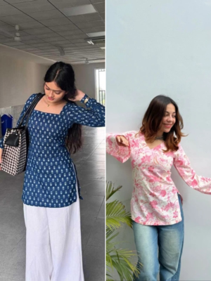 Pack of 2 handmade ajrakh block printed rayon fabric  short kurti for women's 1