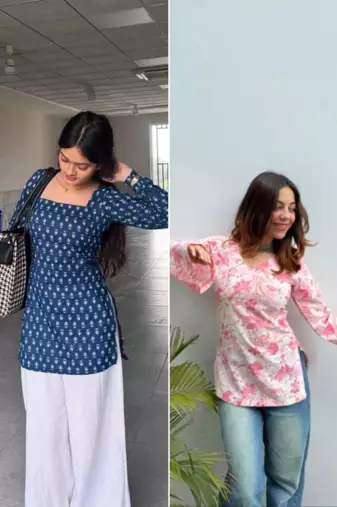 Pack of 2 handmade ajrakh block printed rayon fabric  short kurti for women's