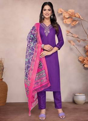 PURPLE EMBROIDERY WORK COTTON BLEND ETHNIC WEAR KURTI PANT DUPATTA SET 1