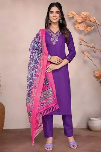 PURPLE EMBROIDERY WORK COTTON BLEND ETHNIC WEAR KURTI PANT DUPATTA SET