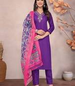 PURPLE EMBROIDERY WORK COTTON BLEND ETHNIC WEAR KURTI PANT DUPATTA SET