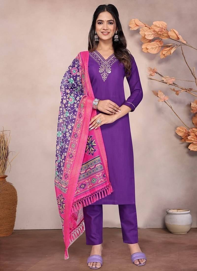 PURPLE EMBROIDERY WORK COTTON BLEND ETHNIC WEAR KURTI PANT DUPATTA SET