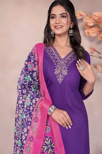 PURPLE EMBROIDERY WORK COTTON BLEND ETHNIC WEAR KURTI PANT DUPATTA SET