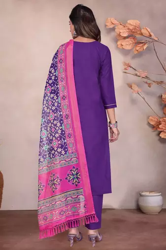 PURPLE EMBROIDERY WORK COTTON BLEND ETHNIC WEAR KURTI PANT DUPATTA SET
