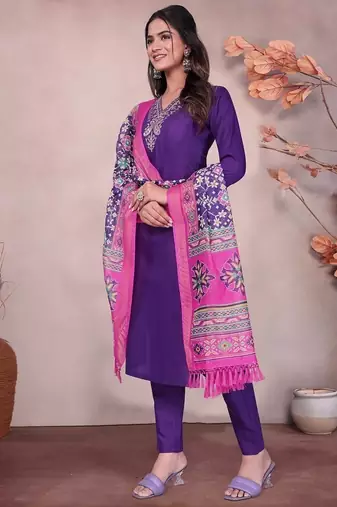 PURPLE EMBROIDERY WORK COTTON BLEND ETHNIC WEAR KURTI PANT DUPATTA SET