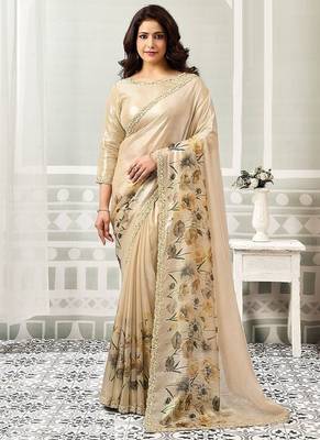 beige satin digital print with sequeince work party wear saree 1