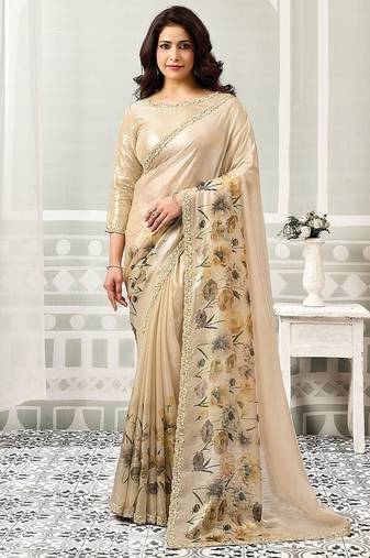 beige satin digital print with sequeince work party wear saree