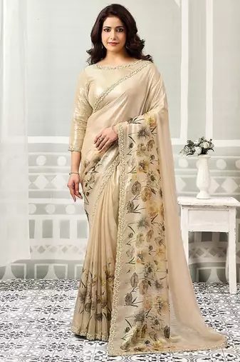 beige satin digital print with sequeince work party wear saree