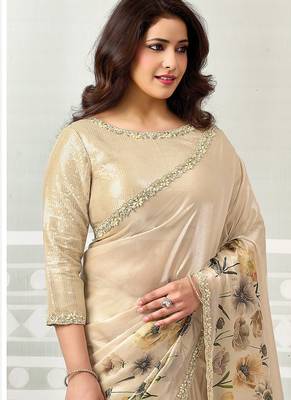 beige satin digital print with sequeince work party wear saree 2