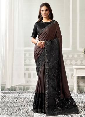 black satin digital print with sequince work party wear saree 1