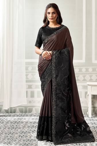 black satin digital print with sequince work party wear saree