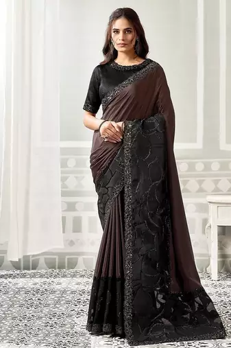 black satin digital print with sequince work party wear saree