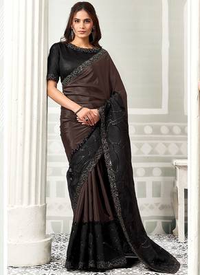 black satin digital print with sequince work party wear saree 2