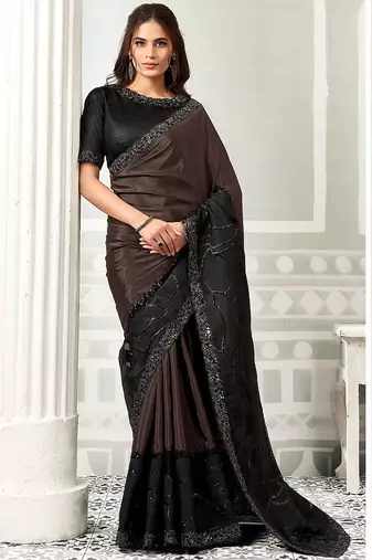 black satin digital print with sequince work party wear saree