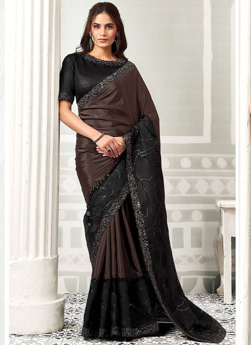 black satin digital print with sequince work party wear saree