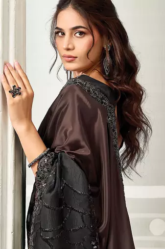 black satin digital print with sequince work party wear saree