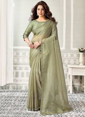 olive organza sequince work party wear saree 1