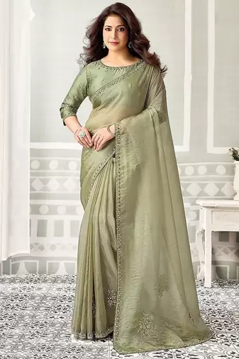 olive organza sequince work party wear saree