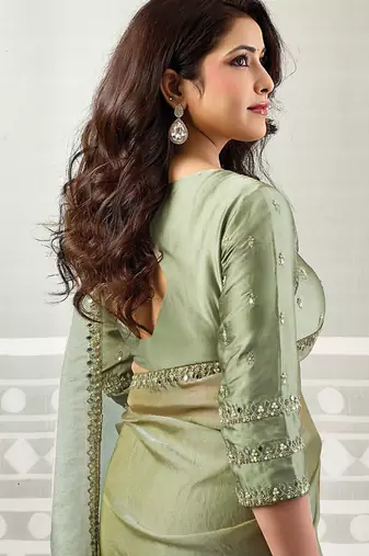 olive organza sequince work party wear saree