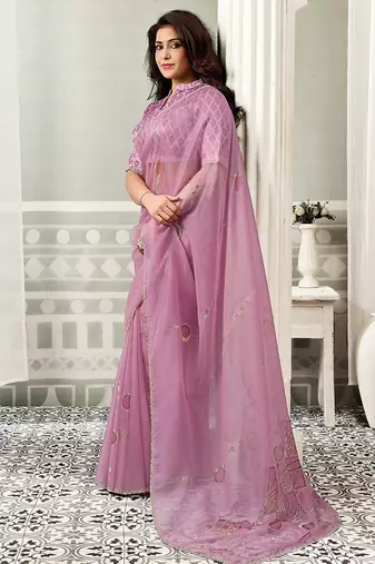 onion pink organza floral hand print with swaroski stone work party wear saree