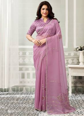 onion pink organza floral hand print with swaroski stone work party wear saree 1