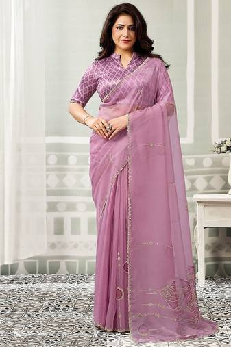 onion pink organza floral hand print with swaroski stone work party wear saree