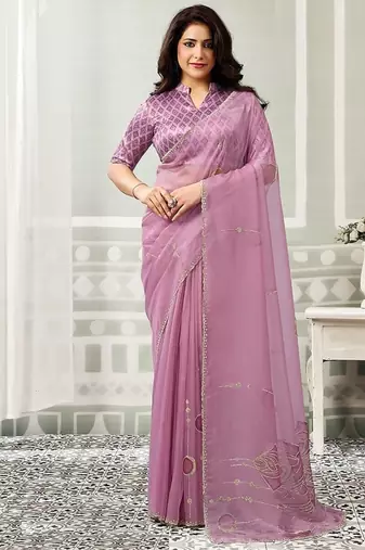 onion pink organza floral hand print with swaroski stone work party wear saree