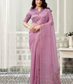 onion pink organza floral hand print with swaroski stone work party wear saree