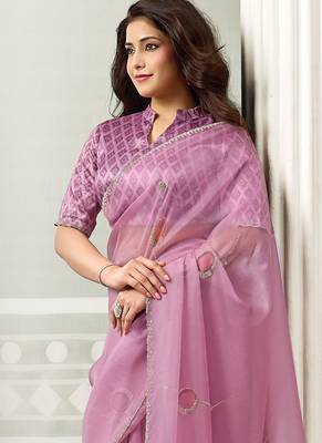 onion pink organza floral hand print with swaroski stone work party wear saree 3
