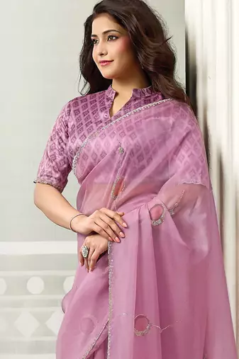 onion pink organza floral hand print with swaroski stone work party wear saree