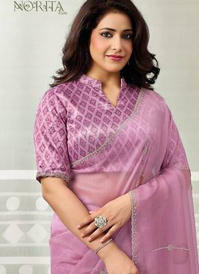onion pink organza floral hand print with swaroski stone work party wear saree 4