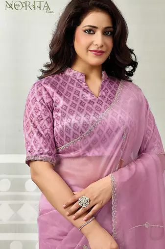 onion pink organza floral hand print with swaroski stone work party wear saree