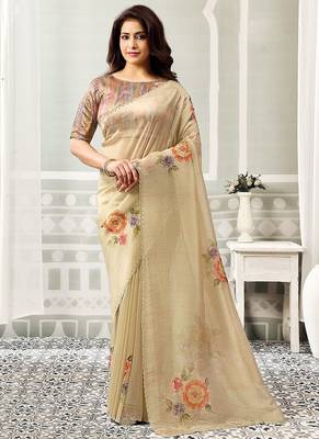 beige organza floral hand print swaroski stone work party wear saree 1