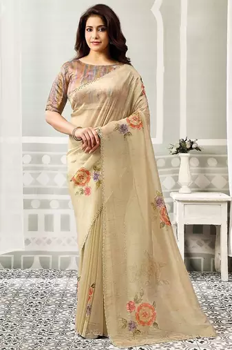 beige organza floral hand print swaroski stone work party wear saree