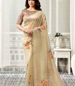 beige organza floral hand print swaroski stone work party wear saree
