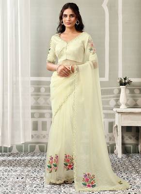 off white organza floral print sequince work party wear saree 1