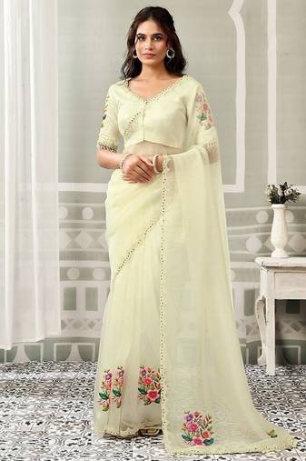 off white organza floral print sequince work party wear saree