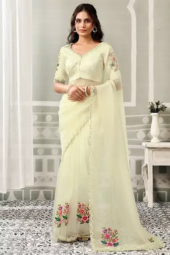 off white organza floral print sequince work party wear saree