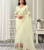 off white organza floral print sequince work party wear saree