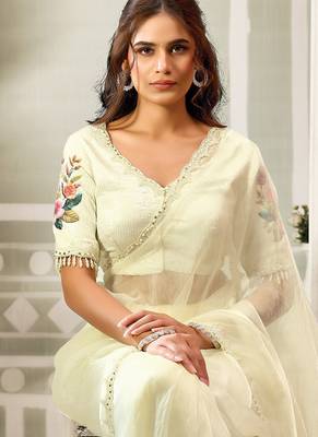 off white organza floral print sequince work party wear saree 2