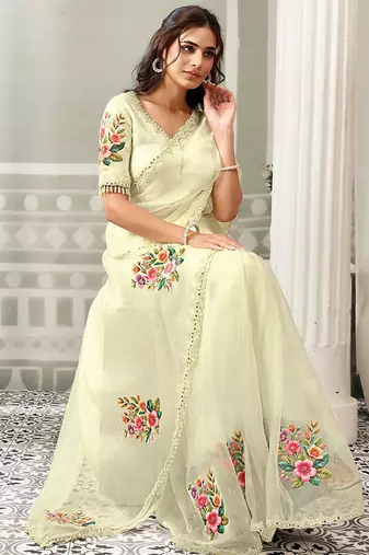 off white organza floral print sequince work party wear saree