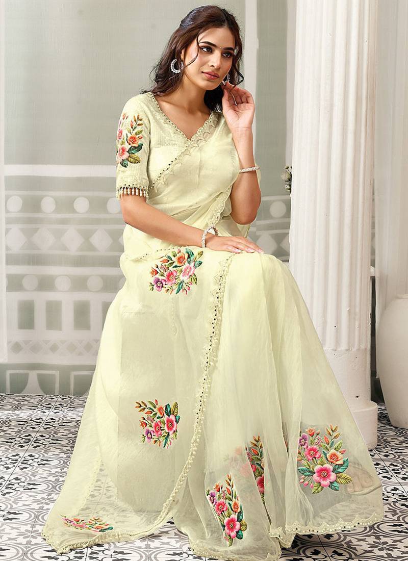 off white organza floral print sequince work party wear saree