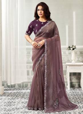 mauve organza satin sequince work party wear saree 1