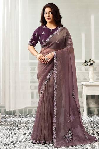 mauve organza satin sequince work party wear saree
