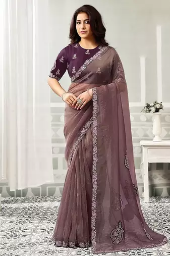 mauve organza satin sequince work party wear saree