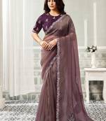 mauve organza satin sequince work party wear saree