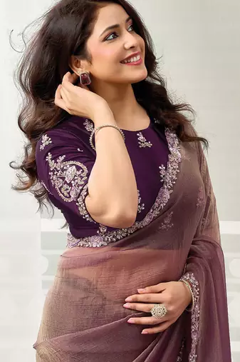 mauve organza satin sequince work party wear saree
