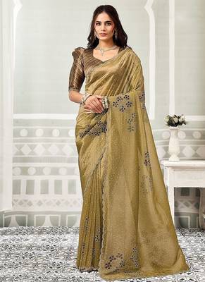 beige crush tissue floral hand print & swaroski stone work party wear saree 1